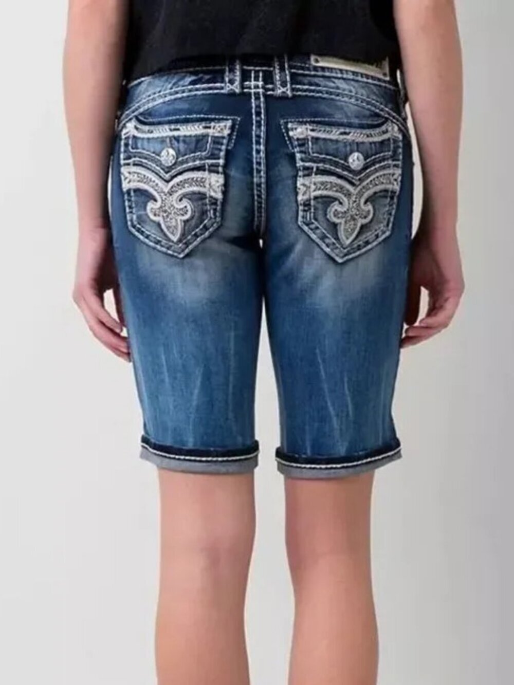 Rock Revival "Yeon" Embellished Bermuda Denim Shorts / Jorts Low Mid Rise 26